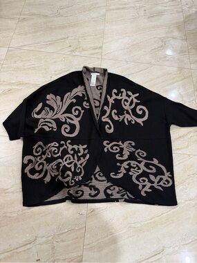Chico’s XL Black Beige Open Front Cardigan Kimono Jacket Scroll Print Boho Chic